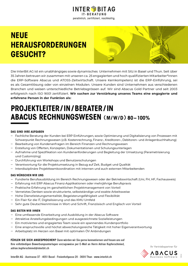 Projektleiter/in Berater/in Abacus Rechnungswesen
