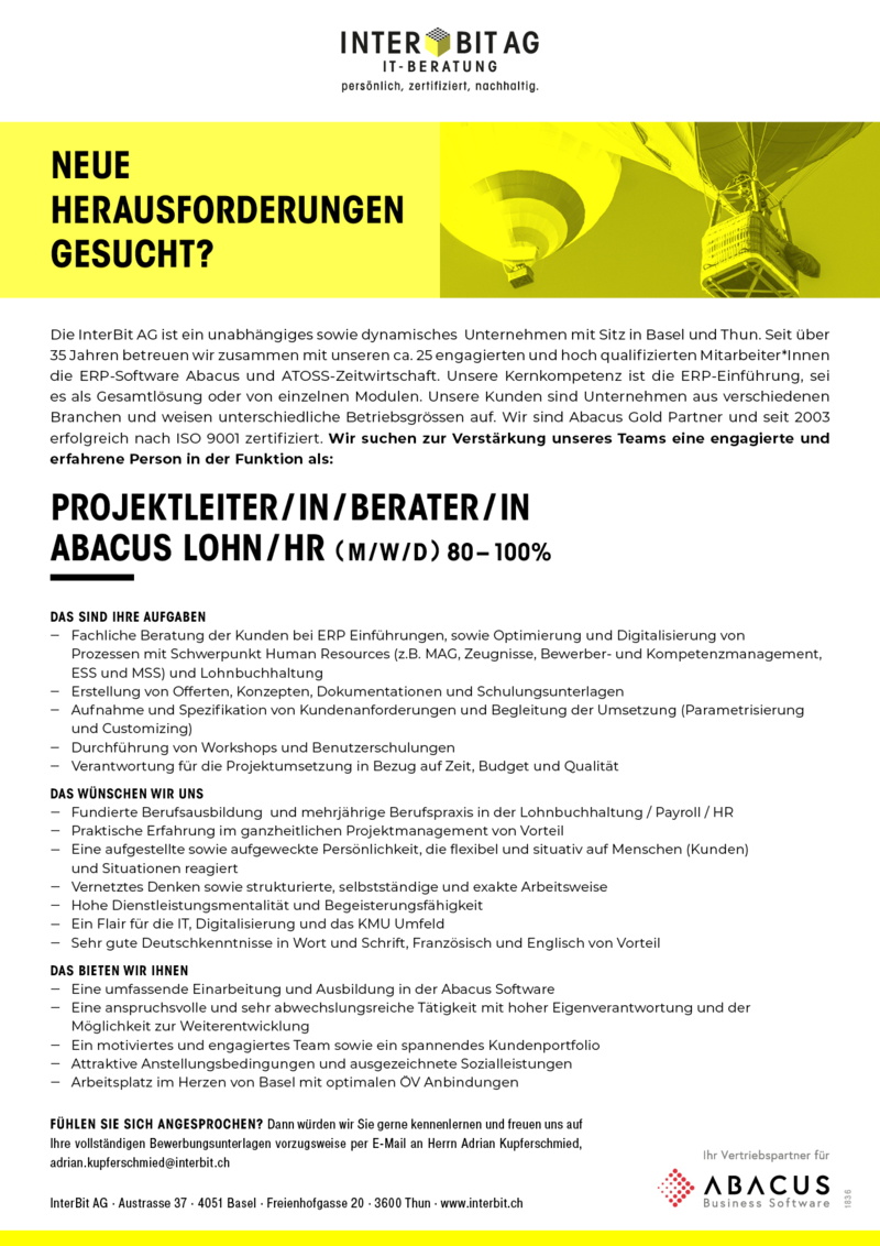 Projektleiter/in Berater/in Abacus Lohn/HR