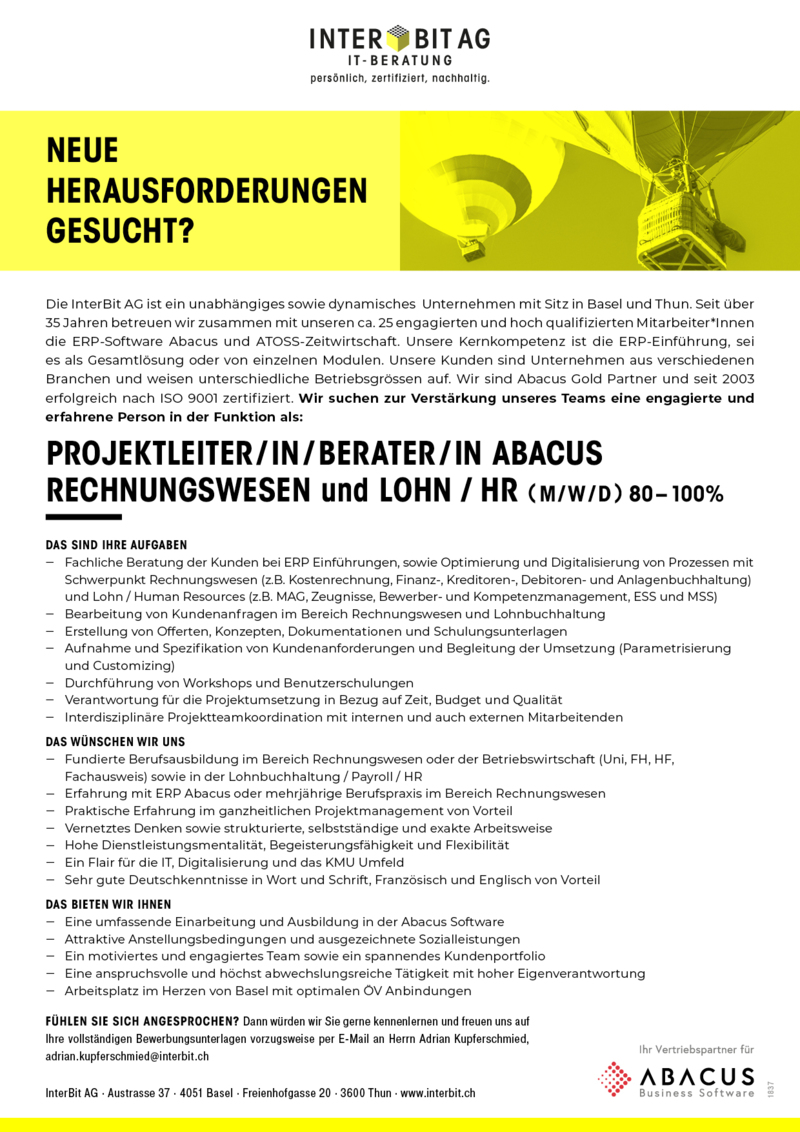 Projektleiter/in Berater/in Abacus Rechnungswesen und Lohn/HR