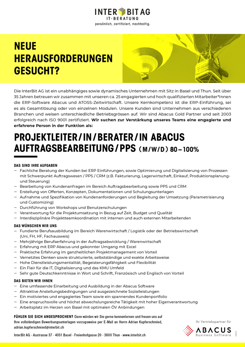Projektleiter/in Berater/in Abacus Auftragsbearbeitung / PPS